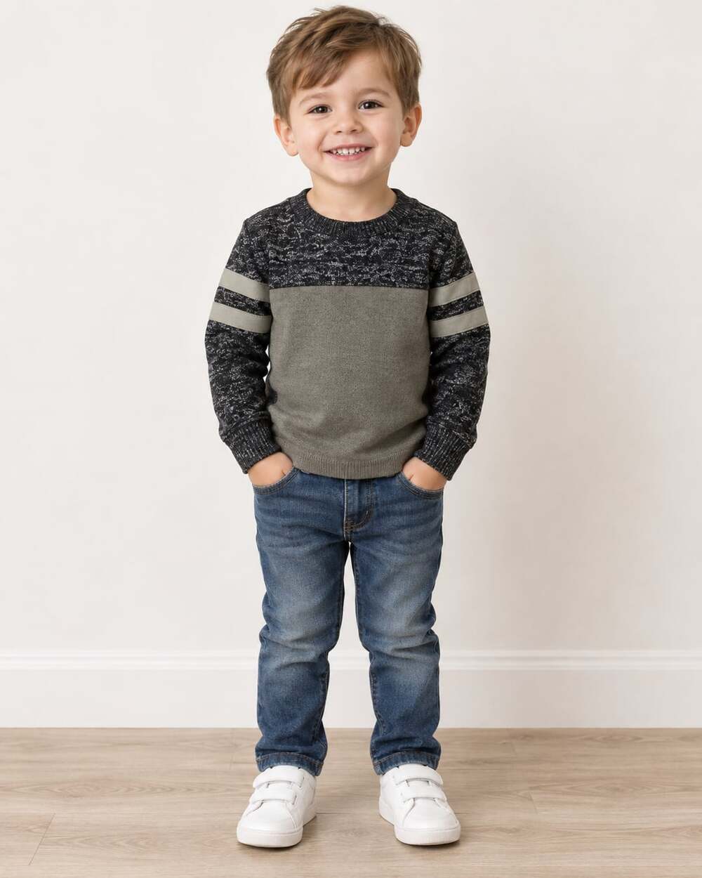 Kids Two-Tone Crewneck Sweater in Black and Olive